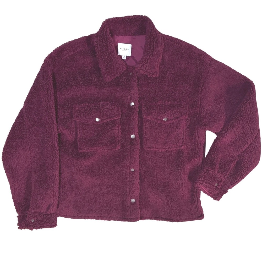 Deep Burgundy Teddy Sherpa Jacket S Fluffy Crop Plush Cozy Layering Cabincore